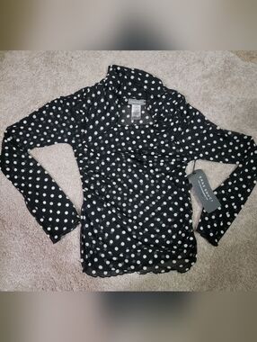 Black Polka Dot Sheer Scoop Neck Long Sleeve Top Juniors Sz Large New W Tag